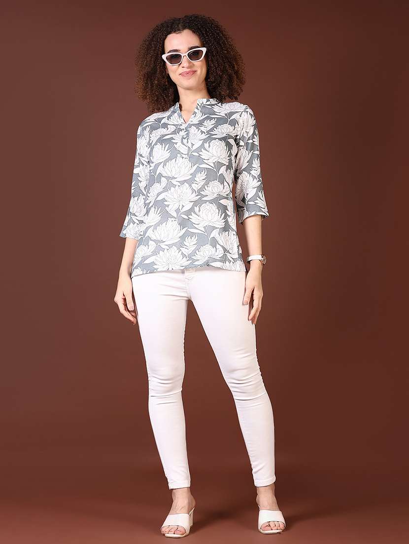 women floral printed three quarter sleeve straight top - 21676159 -  Standard Image - 4