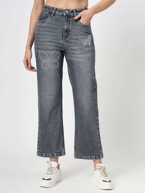 women solid high rise straight fit jean - 21677417 - Standard Image - 0