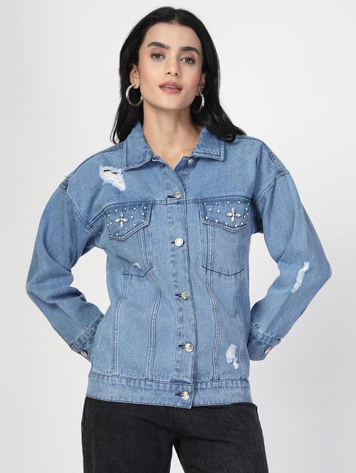 women distressed long sleeves denim jacket - 21677518 - Standard Image - 0