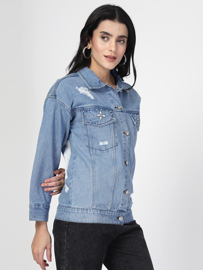 women distressed long sleeves denim jacket - 21677518 - Standard Image - 1