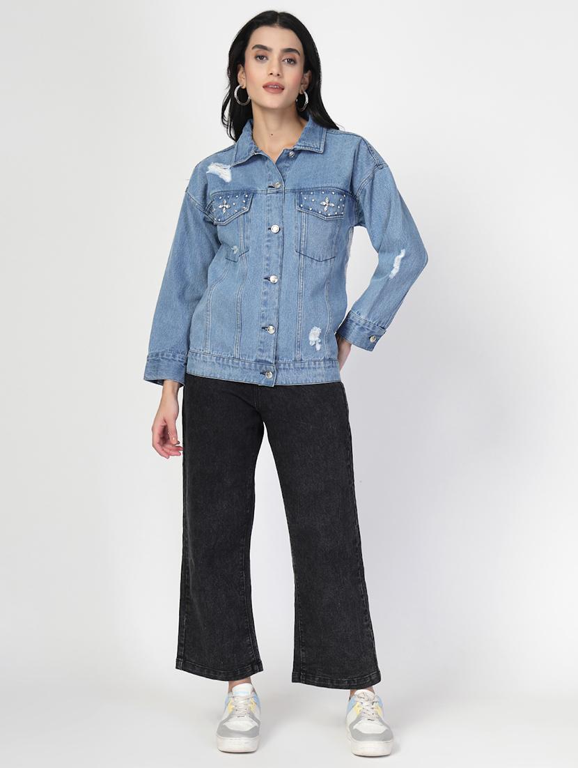 women distressed long sleeves denim jacket - 21677518 - Standard Image - 4