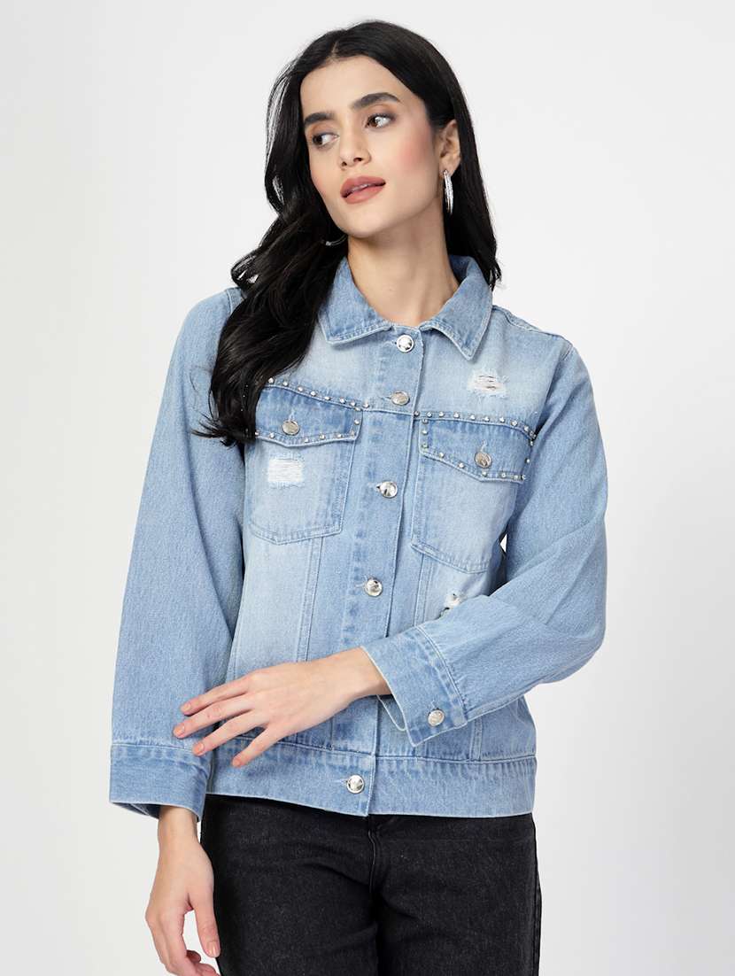 women embellished long sleeves denim jacket