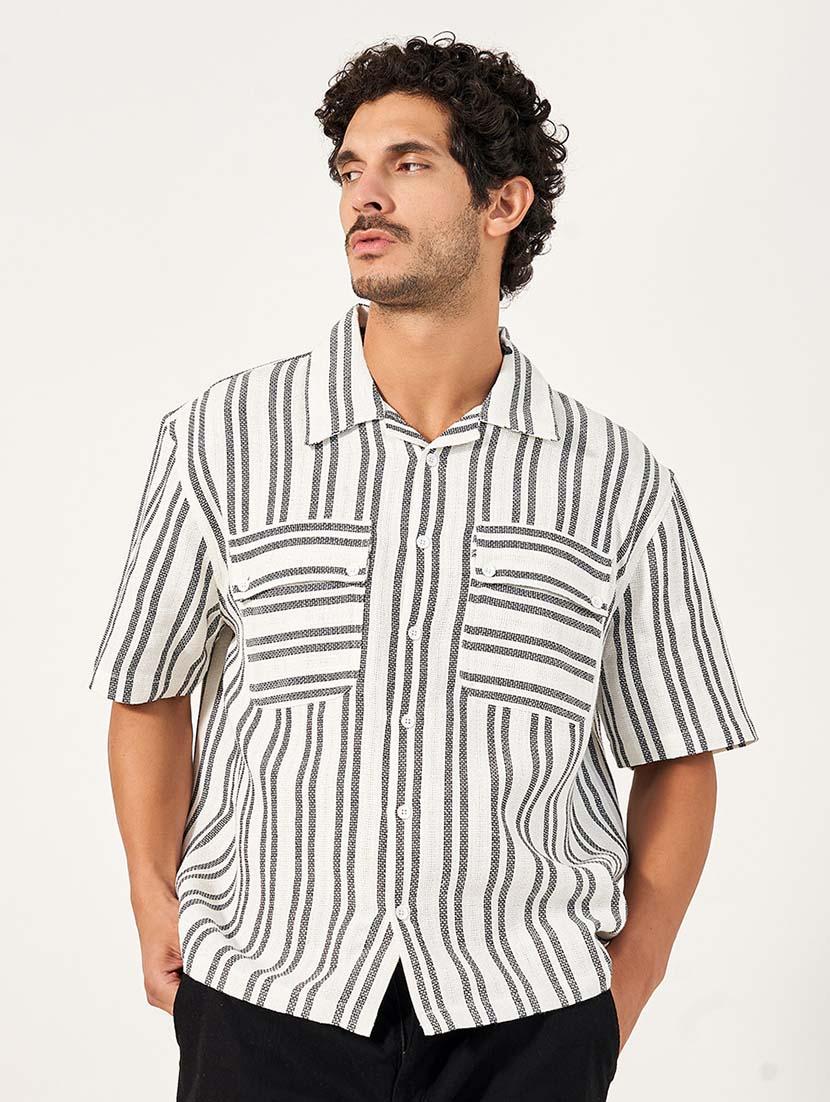 men striped short sleeve over size casual shirt - 21677536 -  Zoom Image - 0