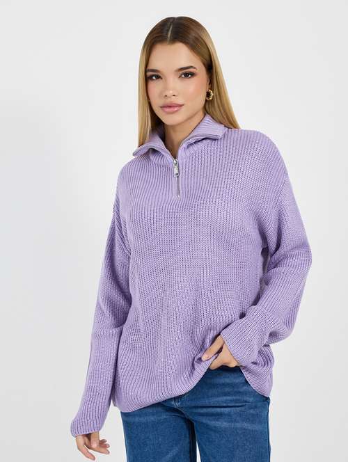 women solid stand collar long sleeves pullover - 21677552 - Standard Image - 0