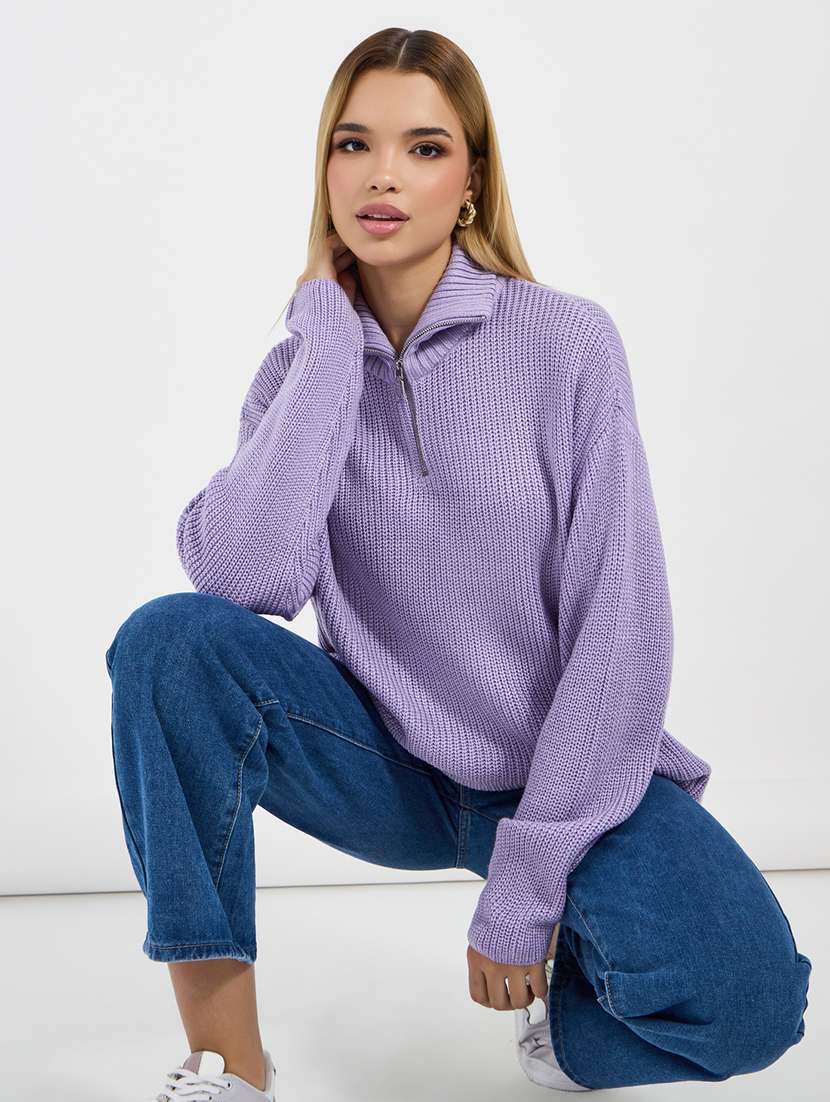 women solid stand collar long sleeves pullover - 21677552 - Standard Image - 1