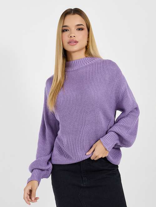 women solid mock neck long sleeves pullover - 21677554 - Standard Image - 0