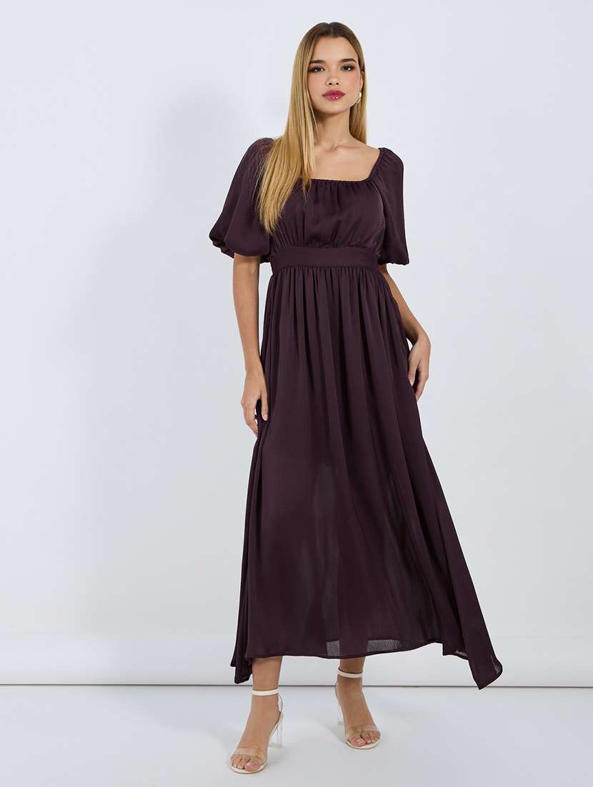 women solid puff sleeves dress with pocket