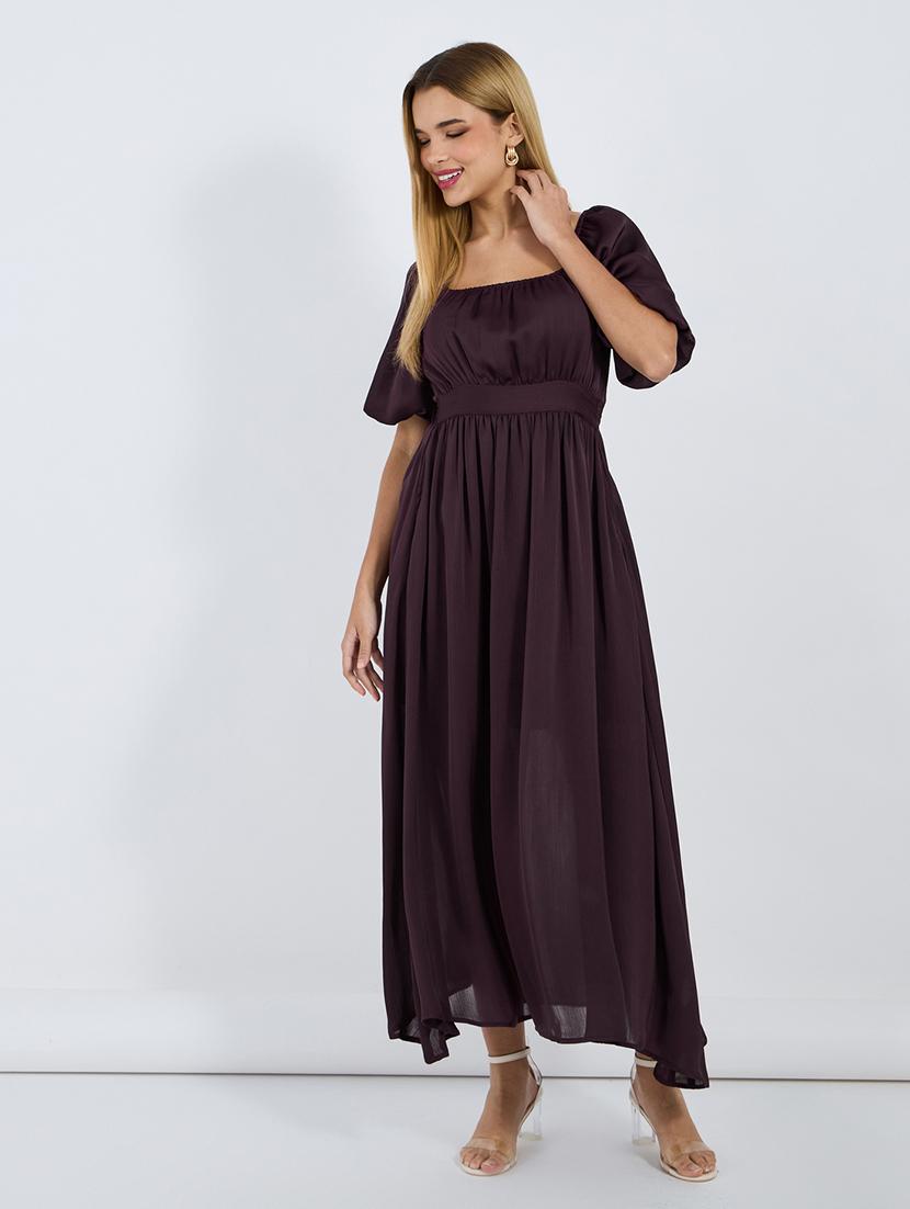 women solid puff sleeves dress with pocket - 21677559 -  Standard Image - 1
