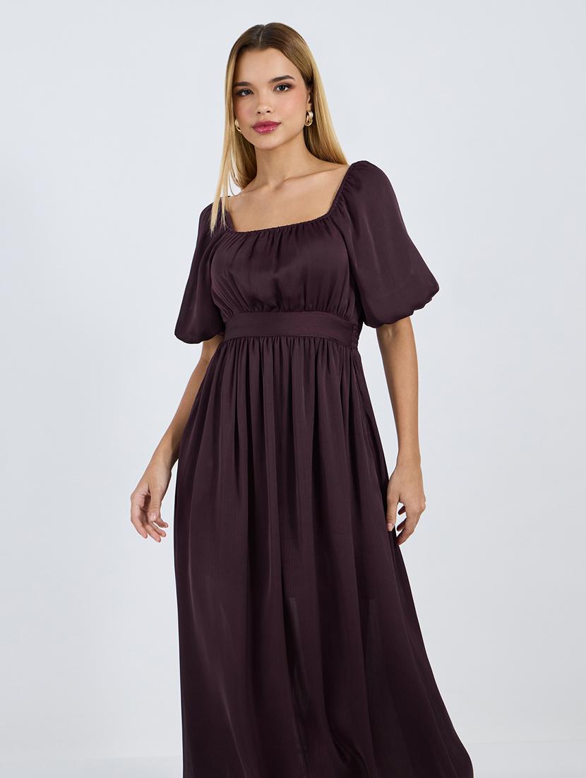 women solid puff sleeves dress with pocket - 21677559 - Standard Image - 4