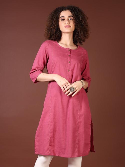 women solid three quarter sleeve straight kurta - 21677626 - Standard Image - 0