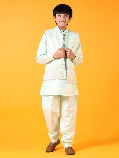 boys mandarin neck embroidered kurta pyjama set with jacket - 21677655 - Standard Image - 0