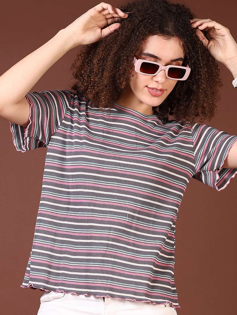 women grey stripes short sleeve t-shirt - 21677673 - Standard Image - 1