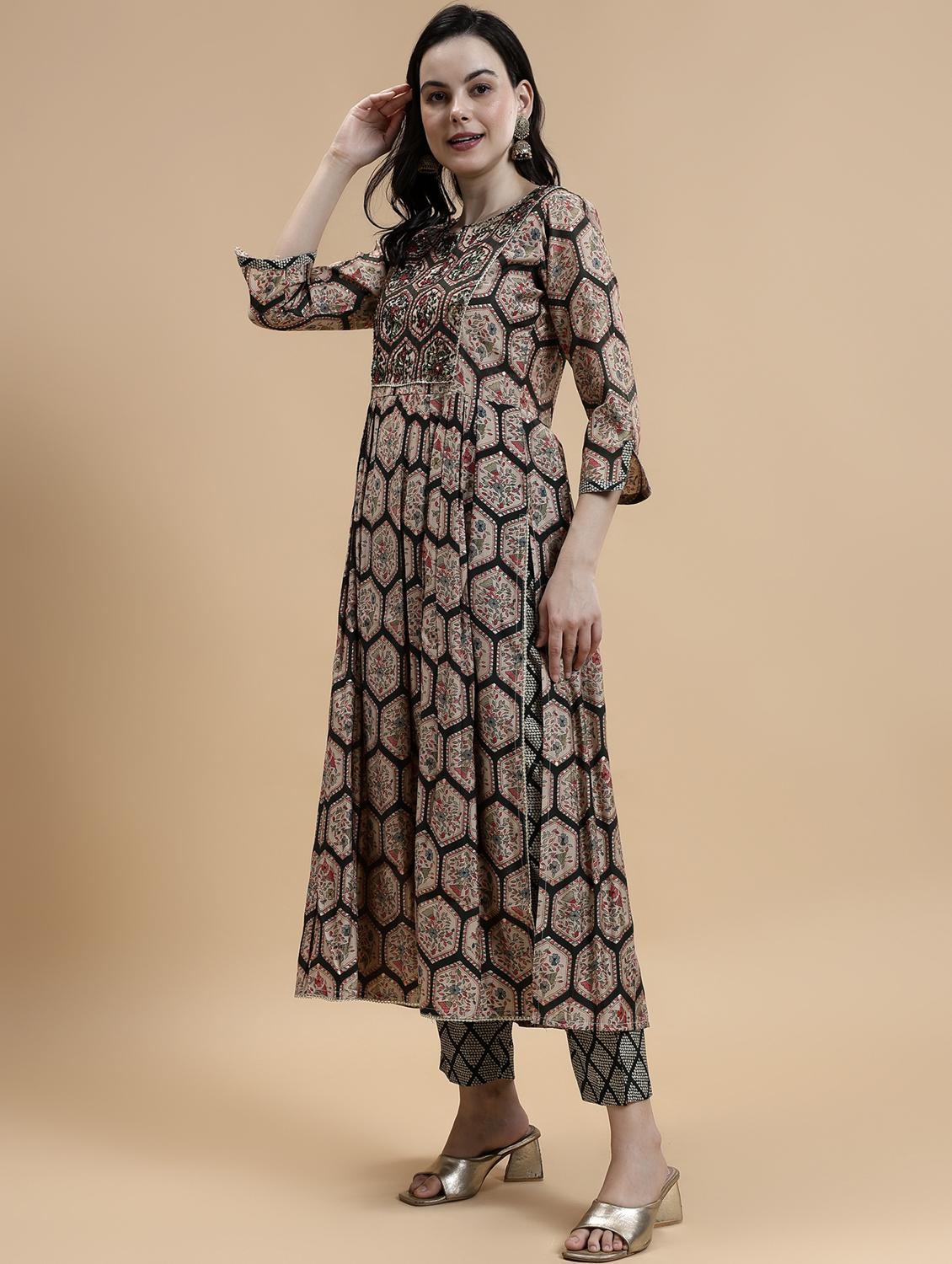 women three quarter sleeve anarkali kurta pant with dupatta set - 21678182 - Standard Image - 1