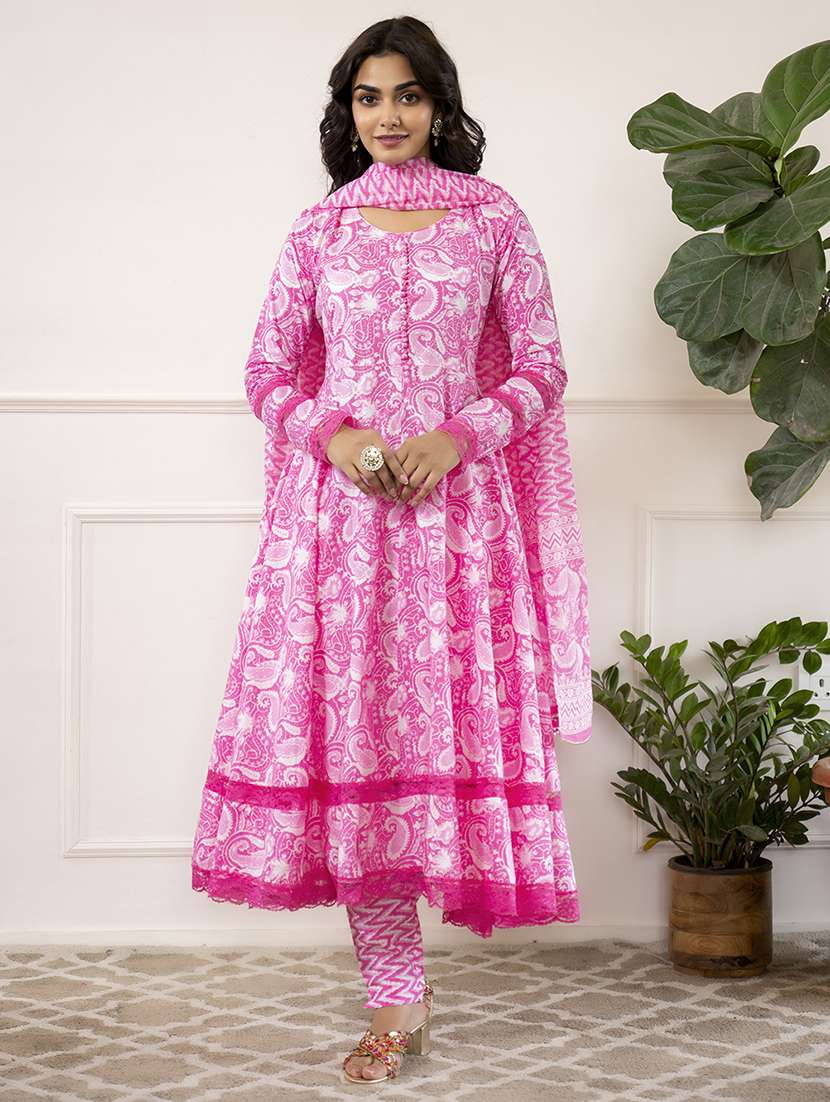 women pink long sleeve anarkali kurta pant with dupatta set