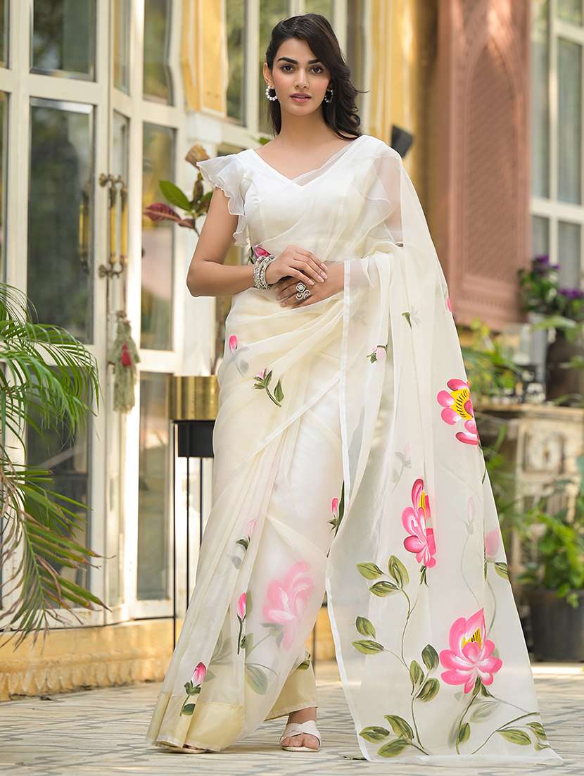 womne floral cream printed saree - 21678415 -  Standard Image - 1