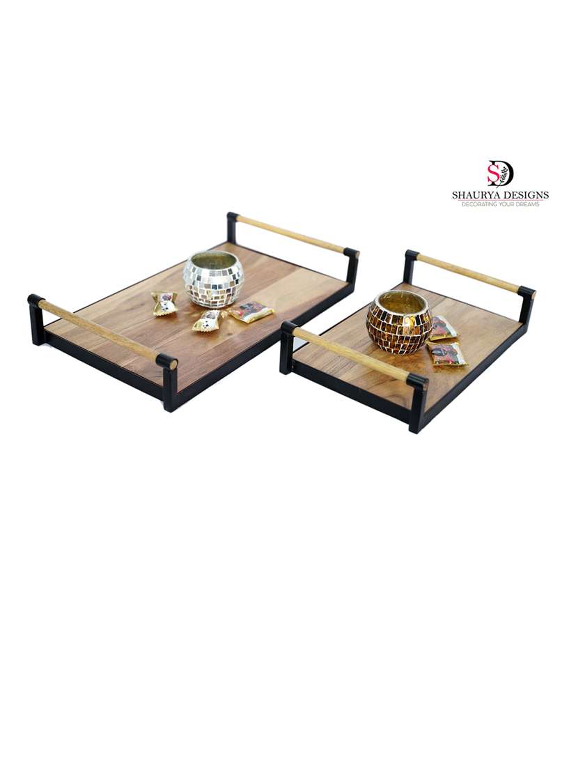 elegant wooden serving tray with handles - set of 2