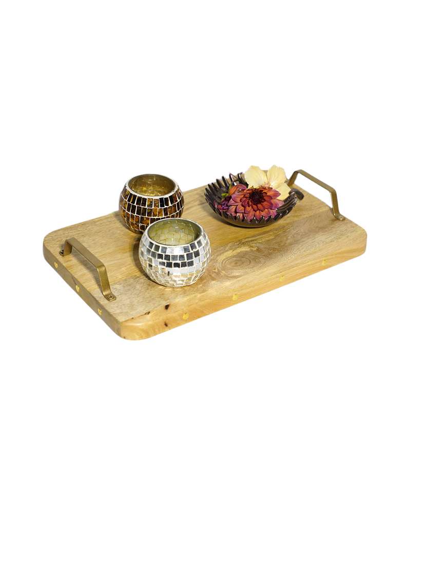 natural finish handcrafted wooden tray with gold casting handles
