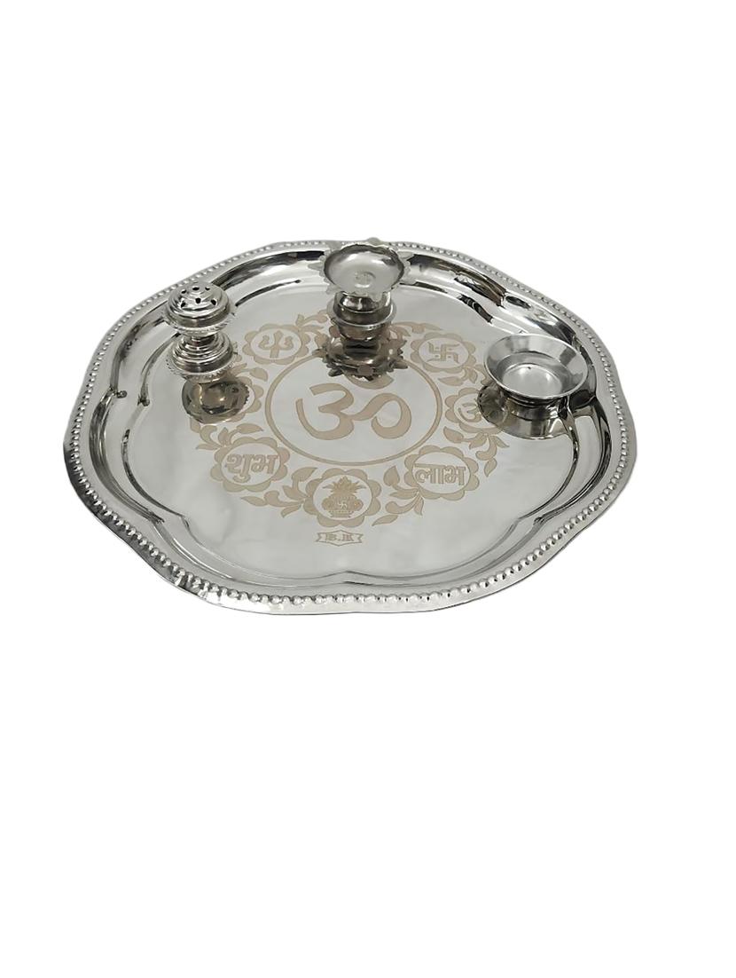 silver-finish thali with 2 diyas & roli bowl - 21678545 - Zoom Image - 0