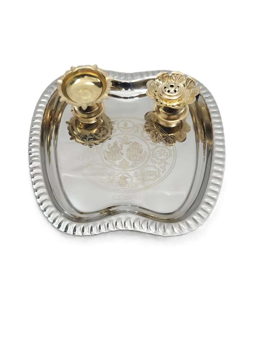 silver-finish thali with 2 diyas - 21678546 -  Zoom Image - 0