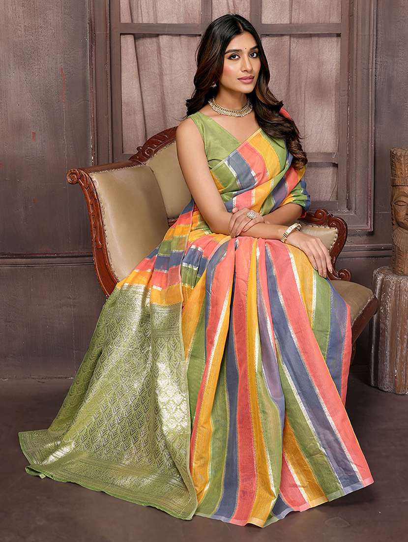 women striped printed saree with blouse - 21678793 -  Standard Image - 1