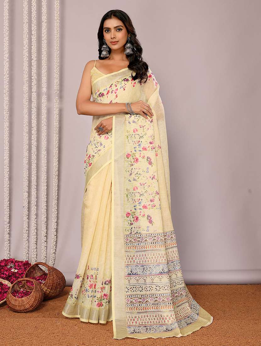 women yellow printed saree with blouse