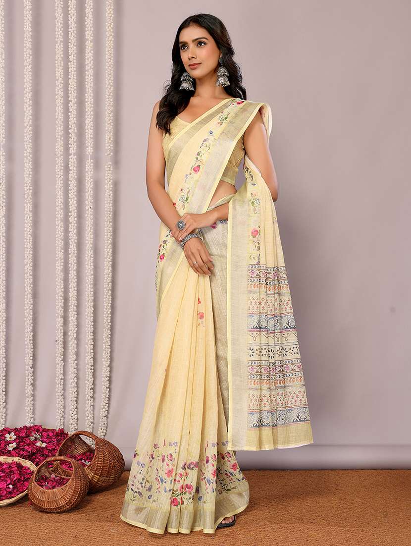 women yellow printed saree with blouse - 21678854 -  Standard Image - 1