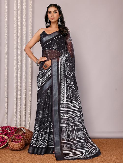 women black printed saree with blouse - 21678859 - Standard Image - 0