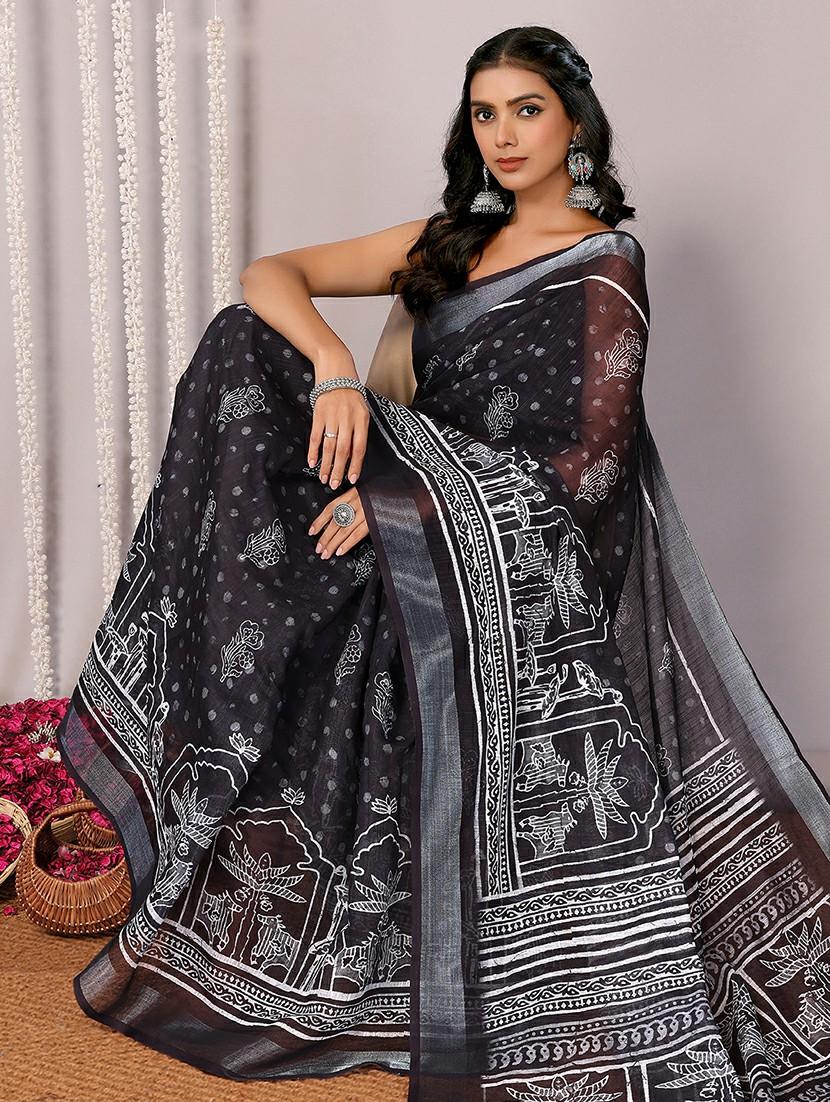 women black printed saree with blouse - 21678859 - Standard Image - 1