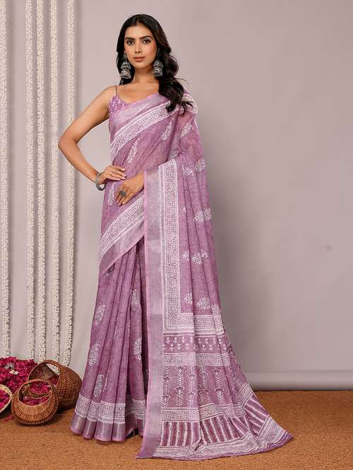 women mauve printed saree with blouse