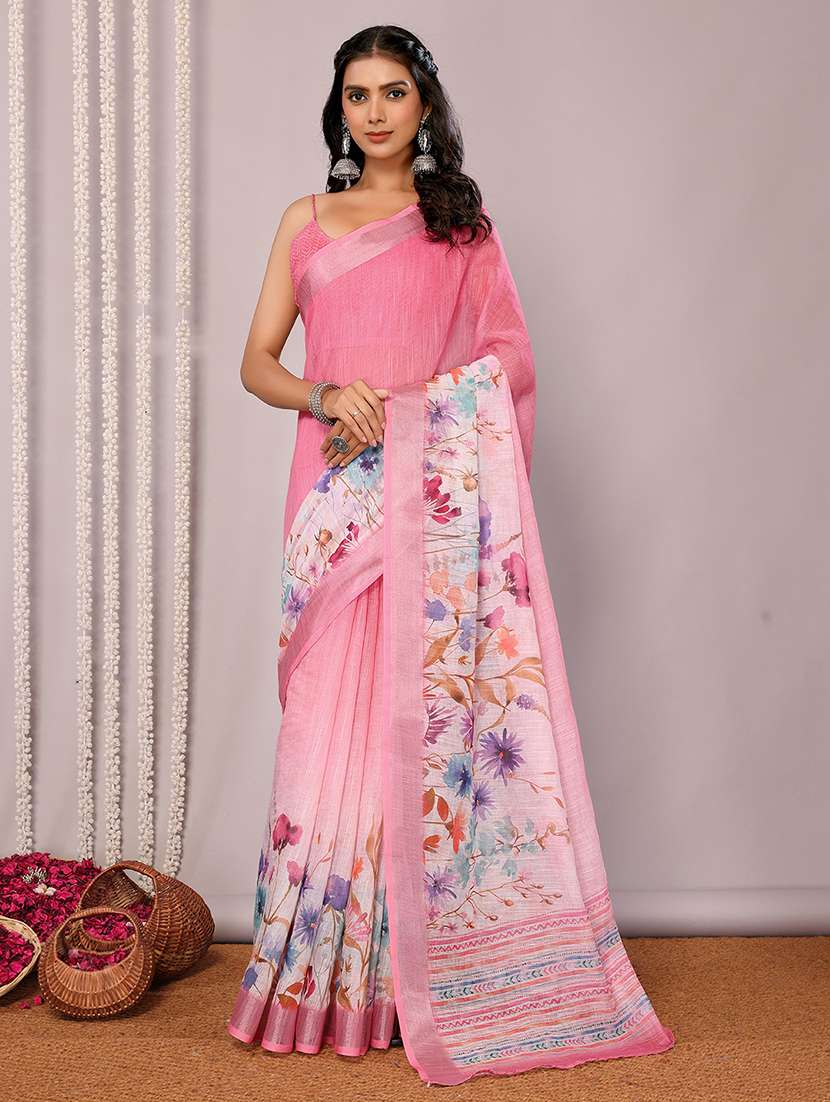 women pink printed saree with blouse