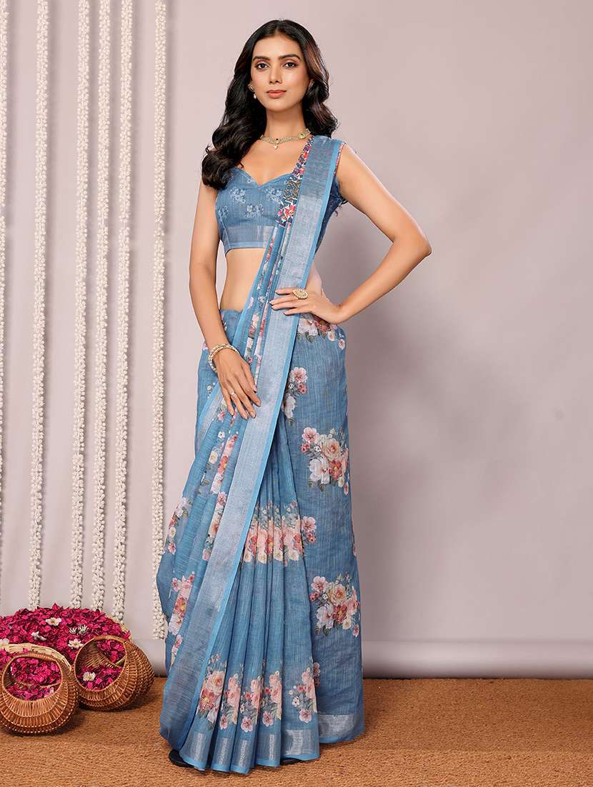 women blue printed saree with blouse - 21678863 -  Standard Image - 1