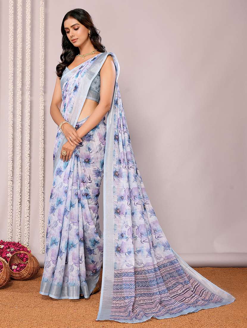 women light blue printed saree with blouse - 21678864 -  Standard Image - 1