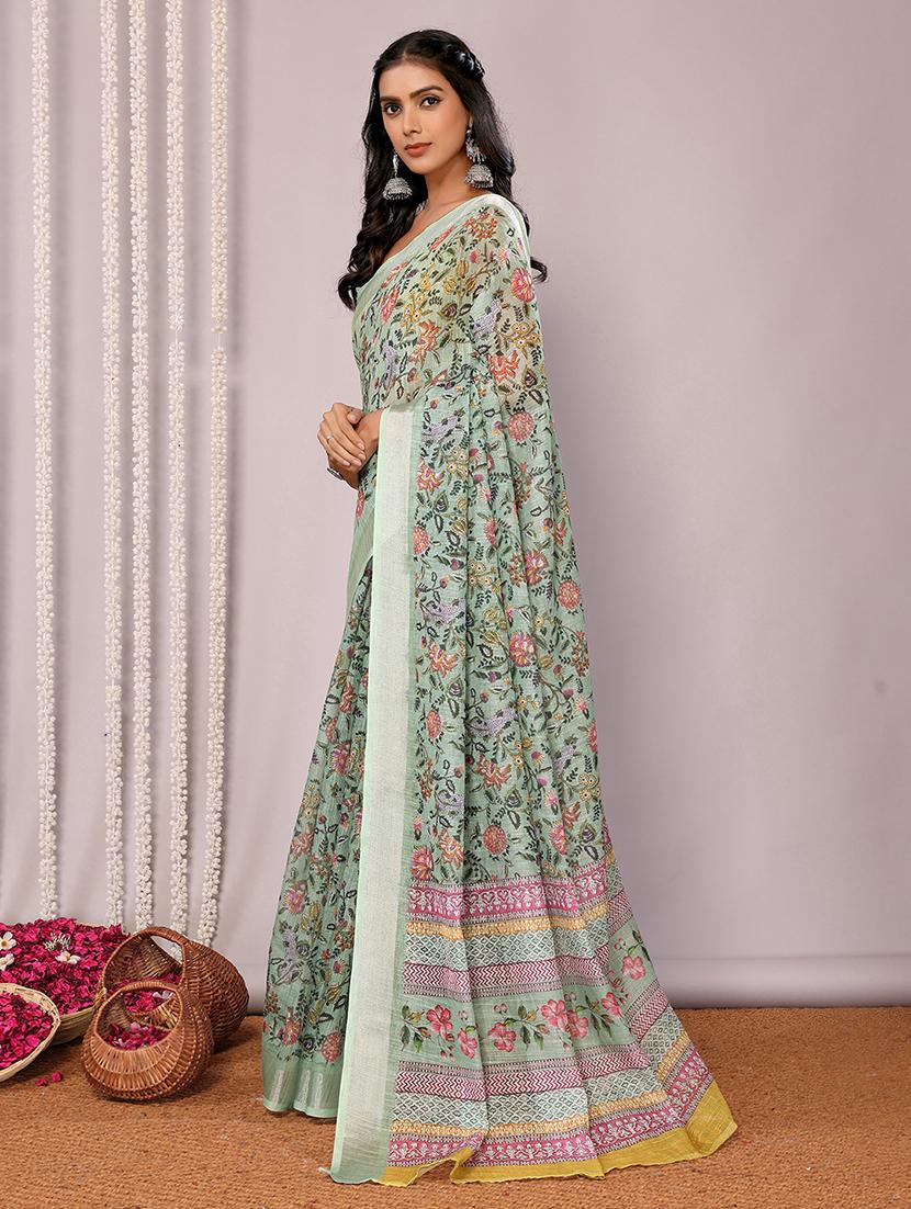 women green printed saree with blouse - 21678870 - Standard Image - 1