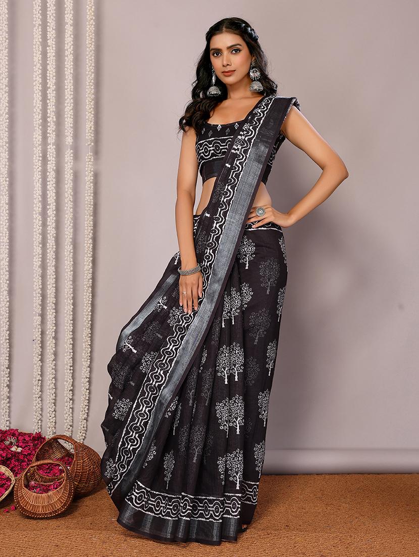 women black printed saree with blouse - 21678872 -  Standard Image - 1