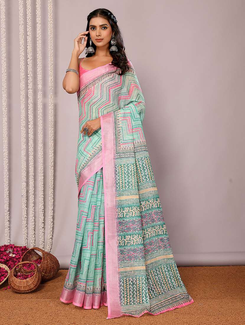 women sea green printed saree with blouse