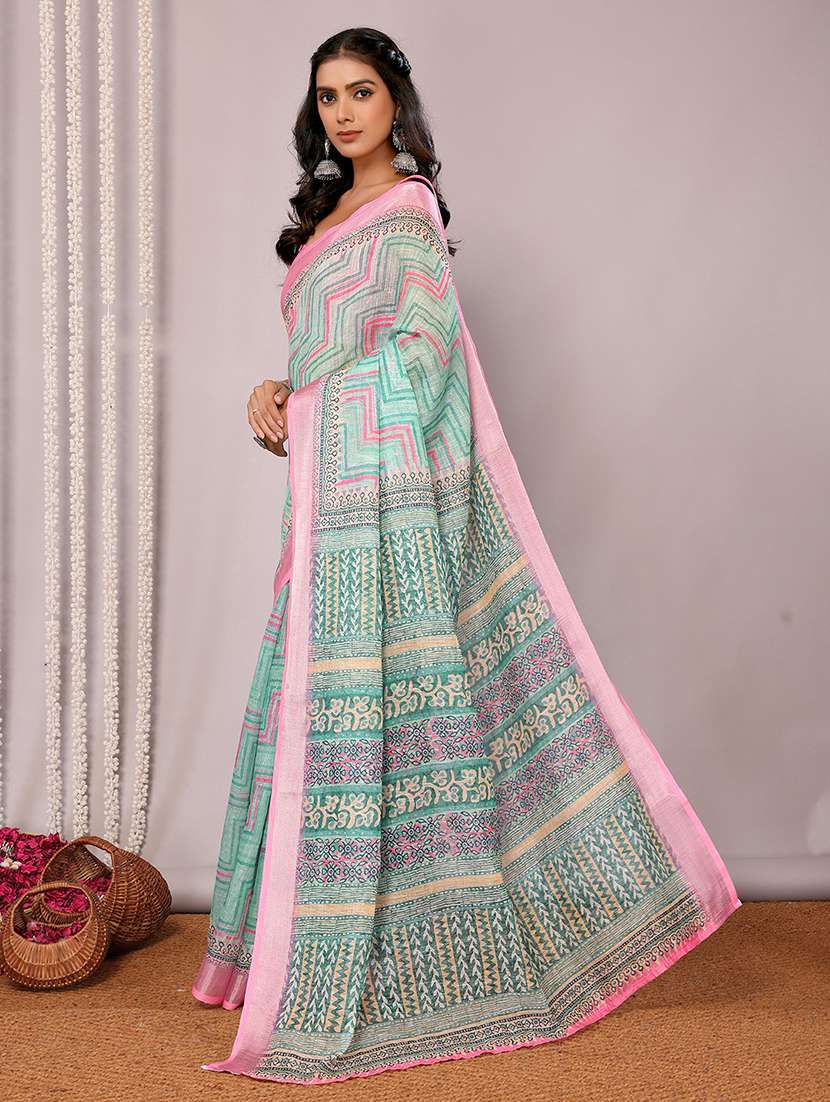 women sea green printed saree with blouse - 21678875 -  Standard Image - 1