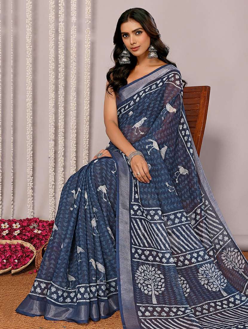 women navy blue printed saree with blouse - 21678876 -  Standard Image - 1