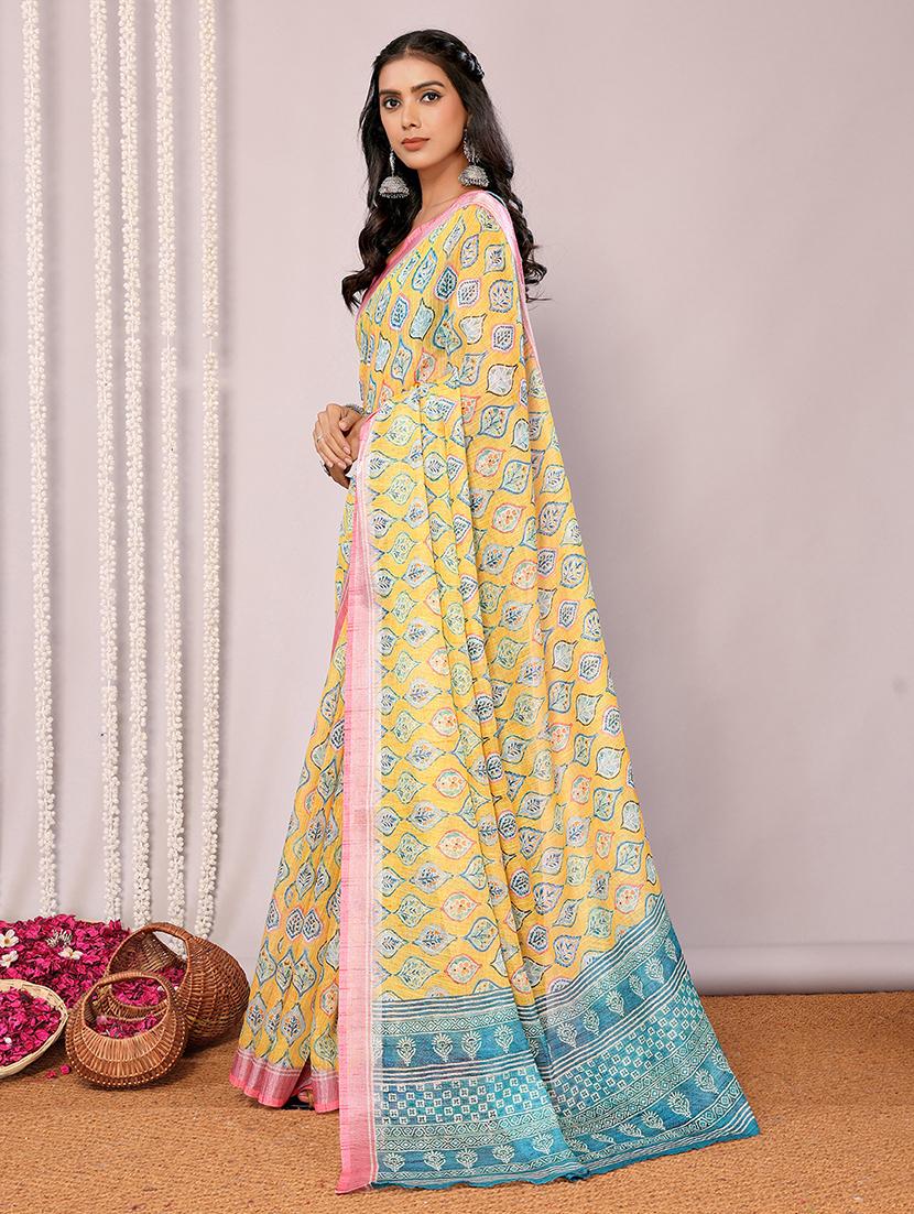 women yellow printed saree with blouse - 21678880 -  Standard Image - 1
