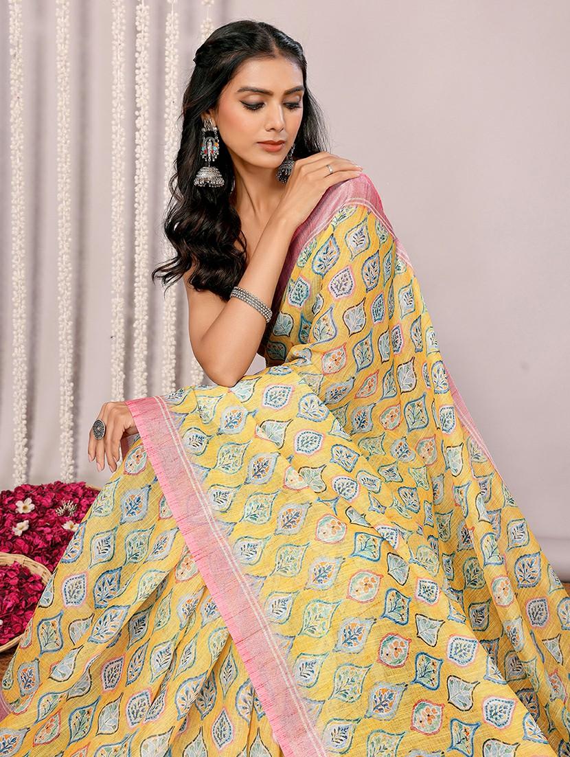 women yellow printed saree with blouse - 21678880 - Standard Image - 4