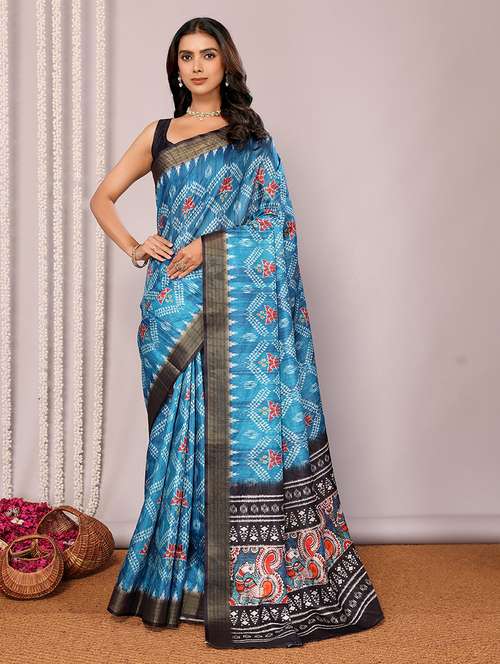 women ikat printed saree with blouse - 21678895 -  Standard Image - 0