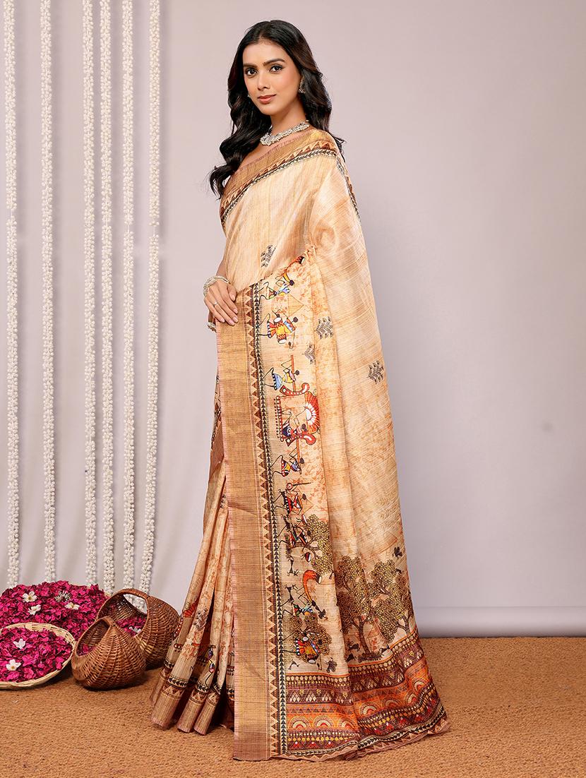 women beige warli printed saree with blouse - 21678898 -  Standard Image - 1
