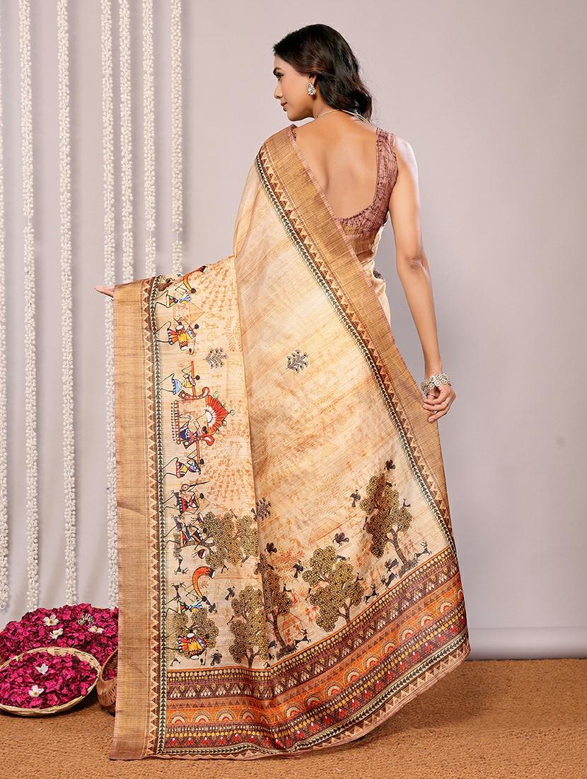 women beige warli printed saree with blouse - 21678898 - Standard Image - 4