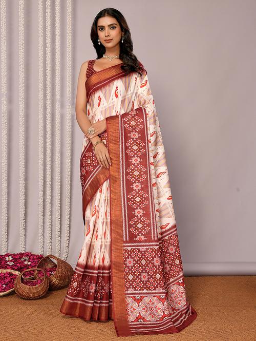 women cream printed saree with blouse - 21678906 -  Standard Image - 0