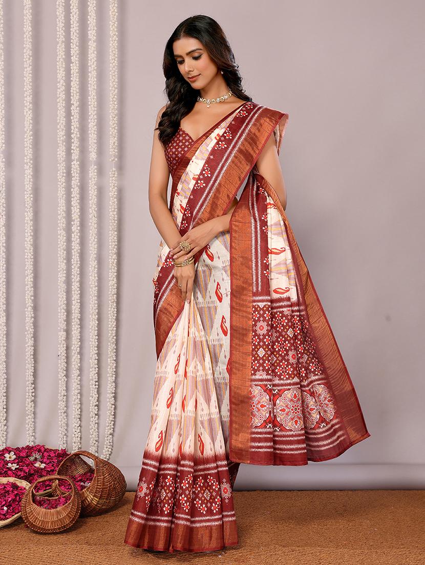 women cream printed saree with blouse - 21678906 -  Standard Image - 1