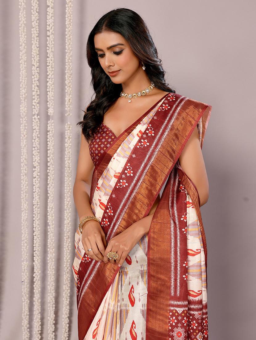 women cream printed saree with blouse - 21678906 - Standard Image - 4