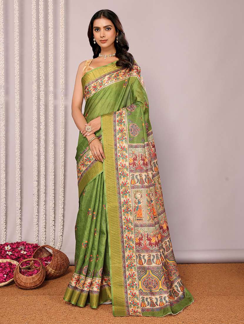 women madhubani printed saree with blouse