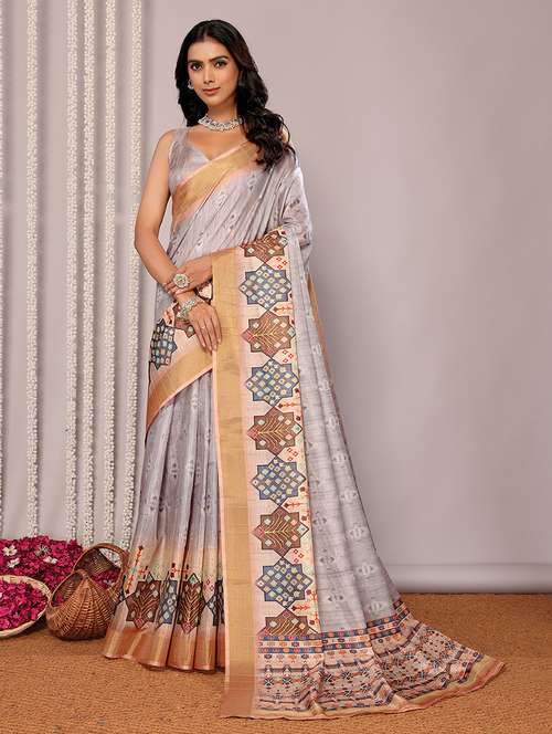 women grey printed saree with blouse - 21678911 -  Standard Image - 0