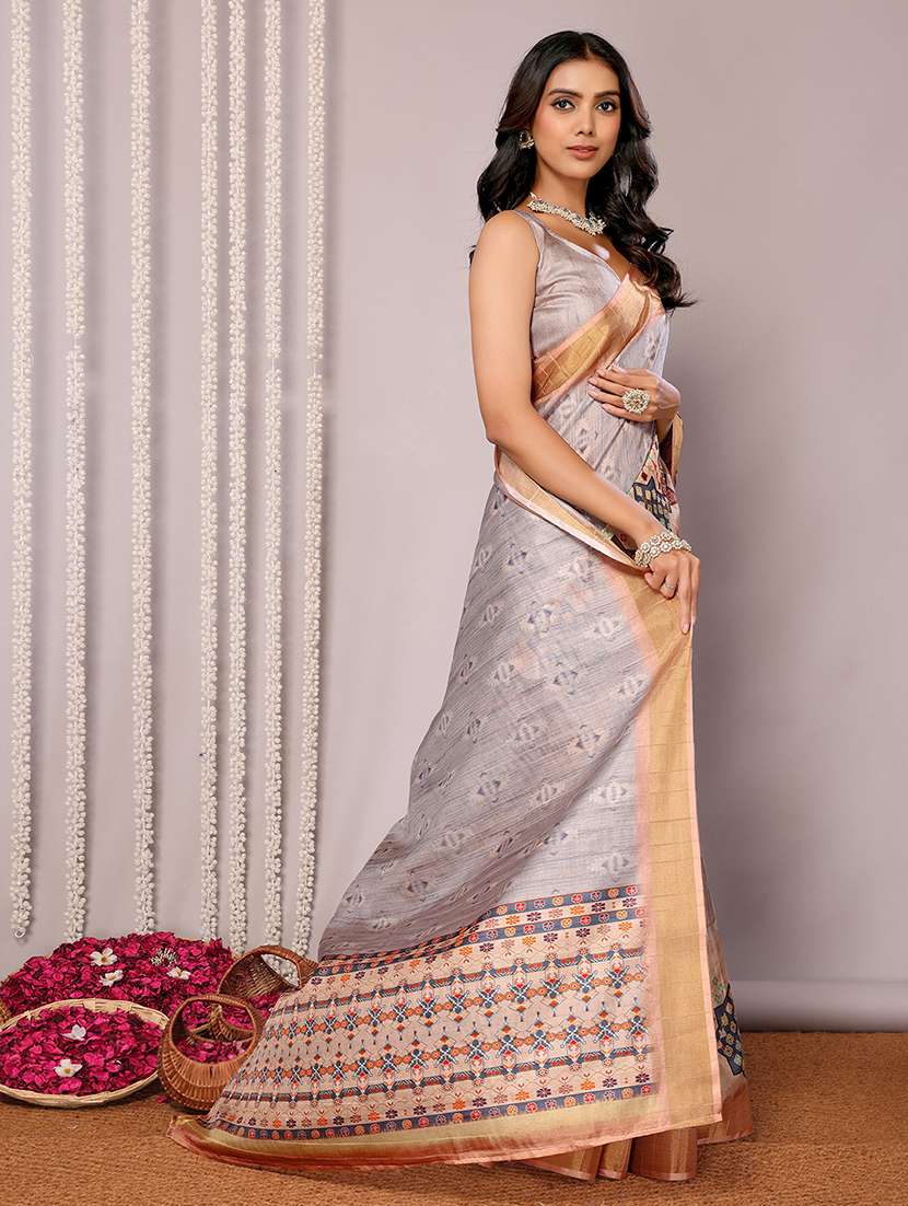 women grey printed saree with blouse - 21678911 -  Standard Image - 1
