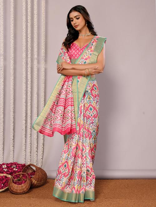 women ikat printed saree with blouse - 21678915 - Standard Image - 0