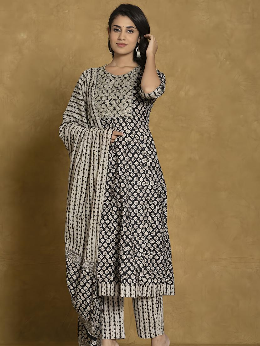 women black elbow sleeve kurta pant with dupatta set - 21679082 -  Standard Image - 1